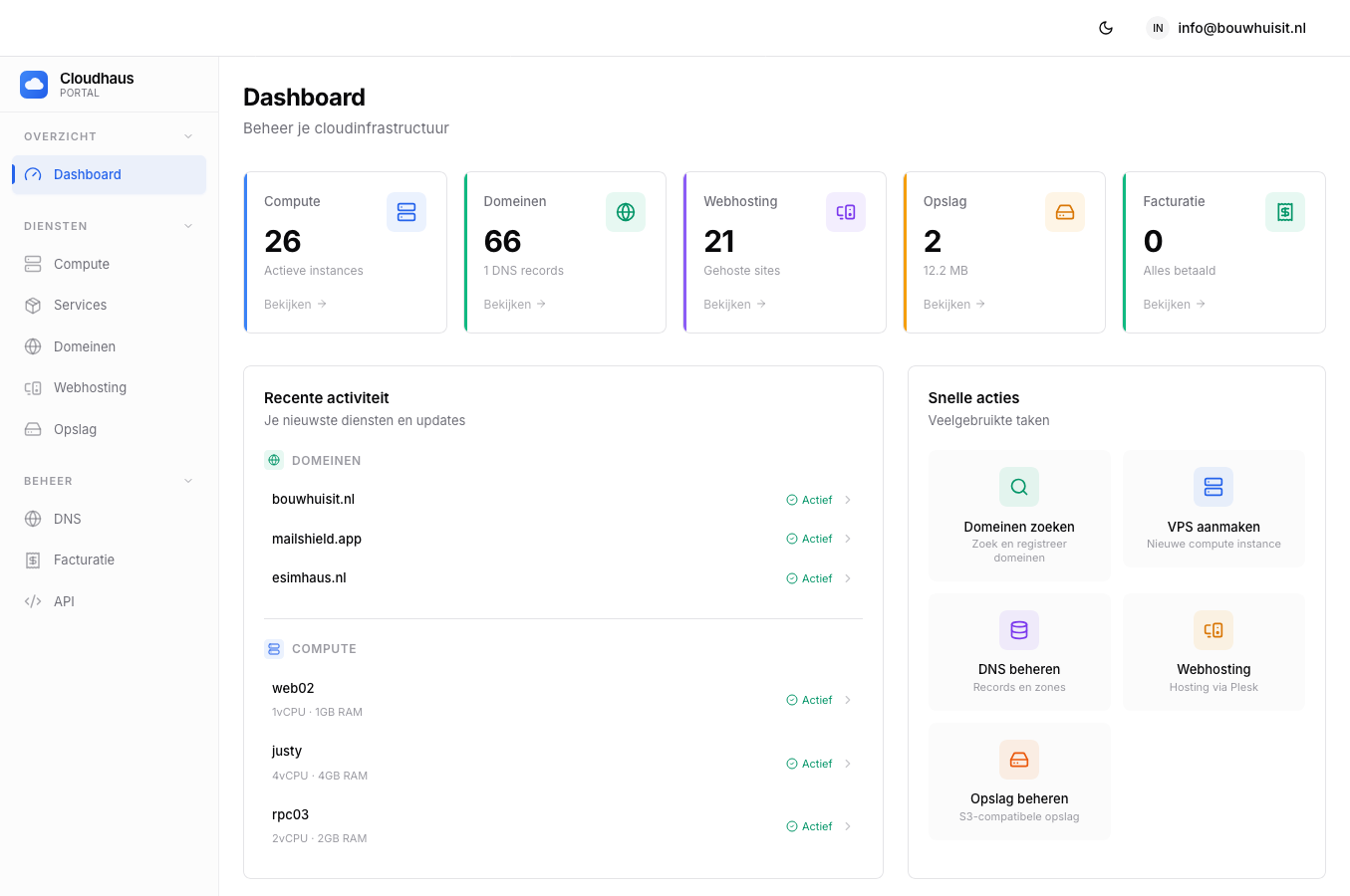 Cloudhaus Portal — Dashboard overzicht met compute instances, domeinen, webhosting en snelle acties